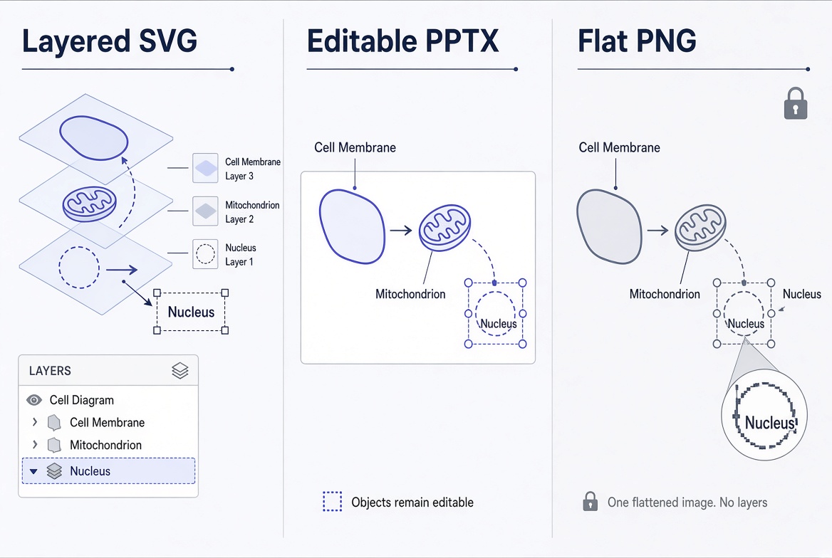 The same figure opened in three formats: layered SVG, editable PPTX, and flat PNG