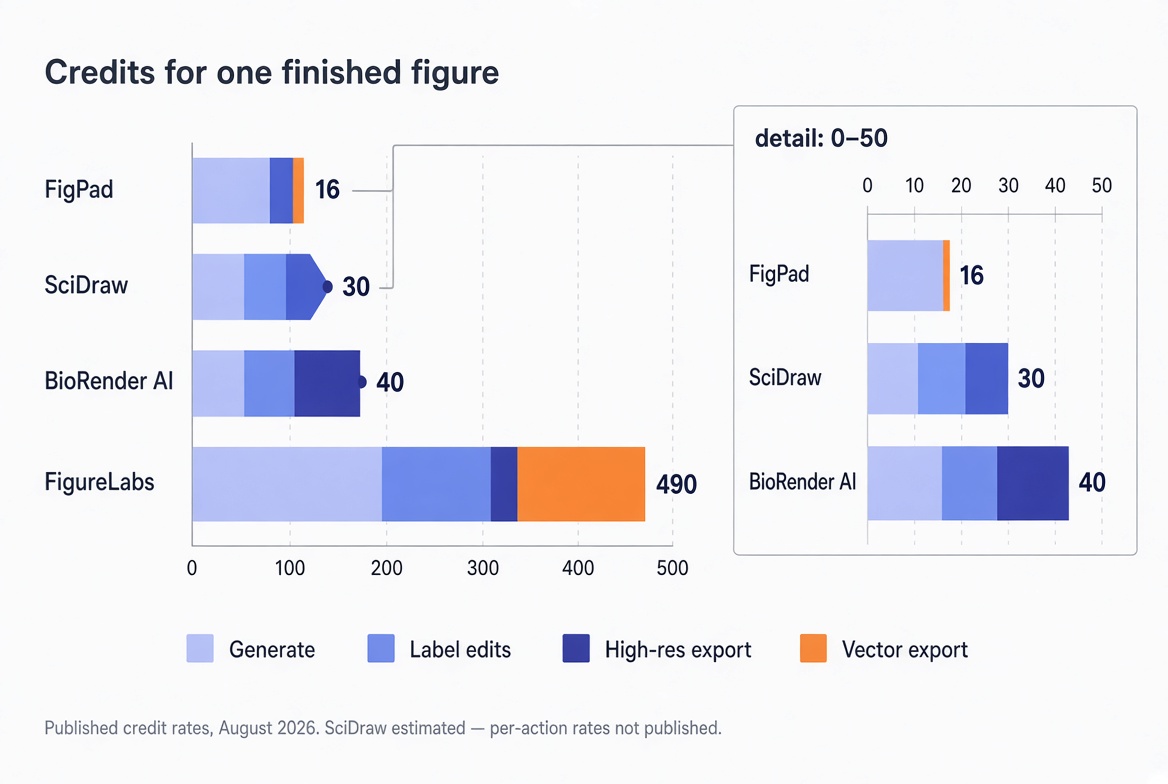 Credit cost of the same eight-step figure workflow across four AI figure tools