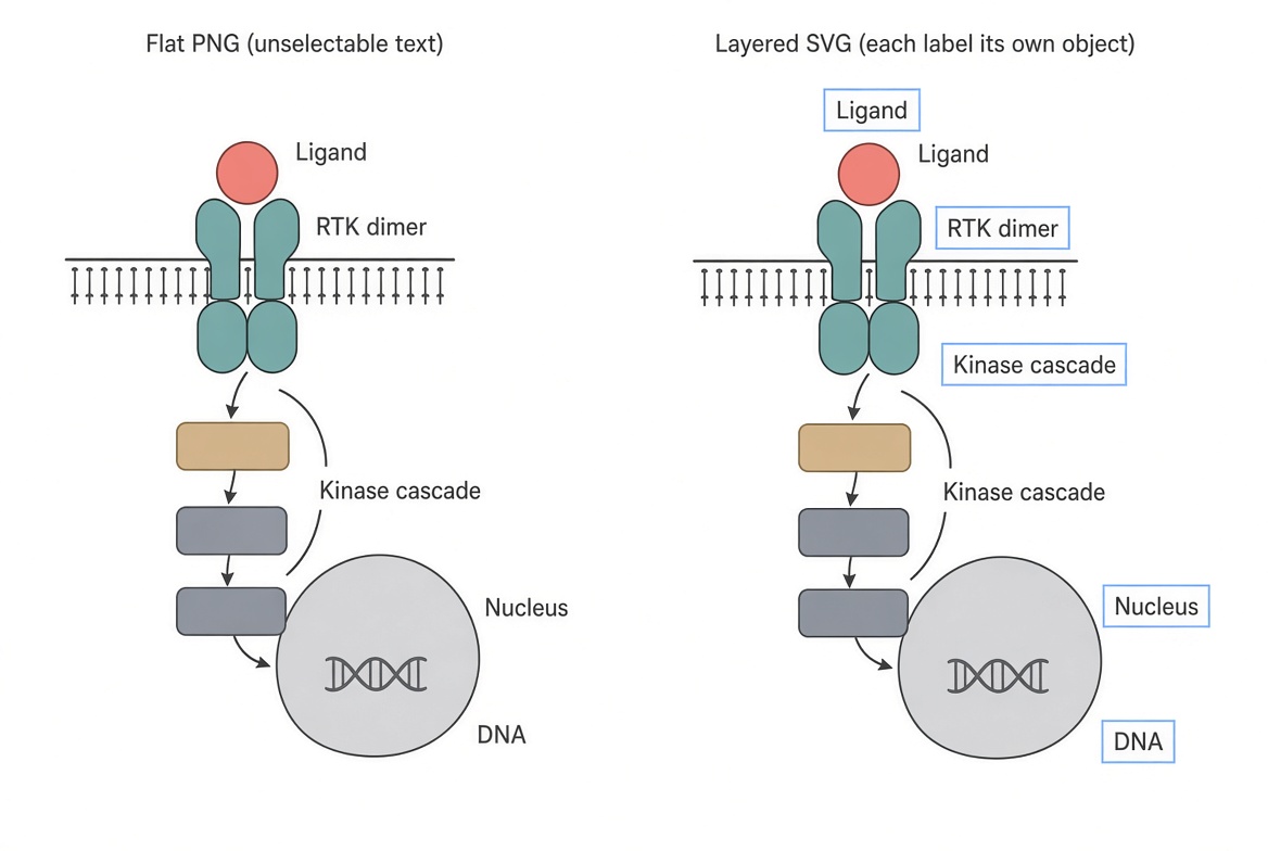 The same pathway diagram shown twice: as a flat PNG where the text cannot be selected, and as a layered SVG where each label is its own selectable object